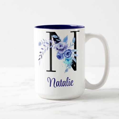 15 oz Monogrammed Watercolor Floral Blues Two_Tone Coffee Mug
