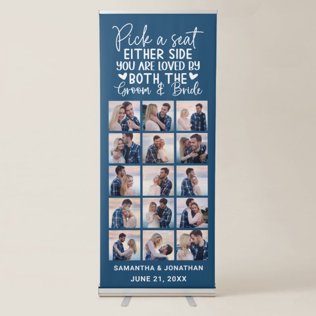 15 Photo Collage Blue Welcome To Our Wedding Retractable Banner (Front)