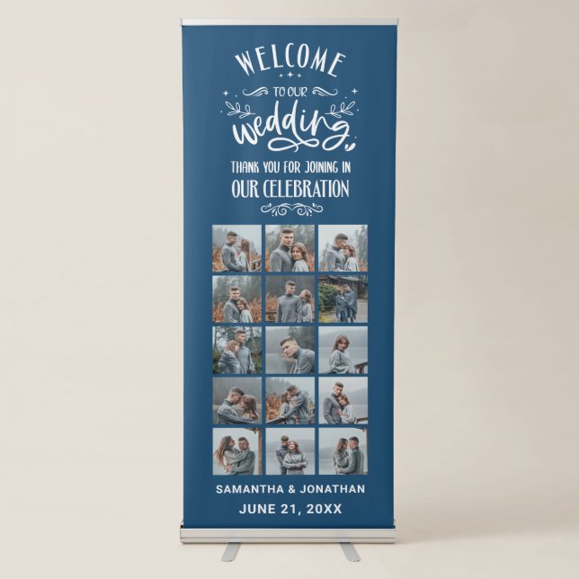 15 Photo Collage Blue Welcome To Our Wedding Retractable Banner (Front)
