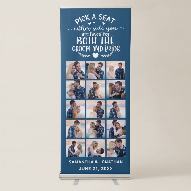 15 Photo Collage Blue Welcome To Our Wedding Retractable Banner (Front)