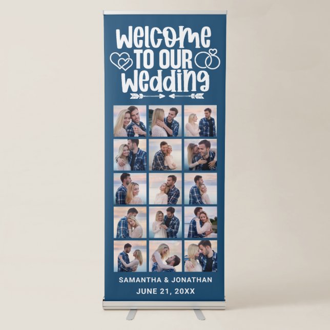 15 Photo Collage Blue Welcome To Our Wedding  Retractable Banner (Front)