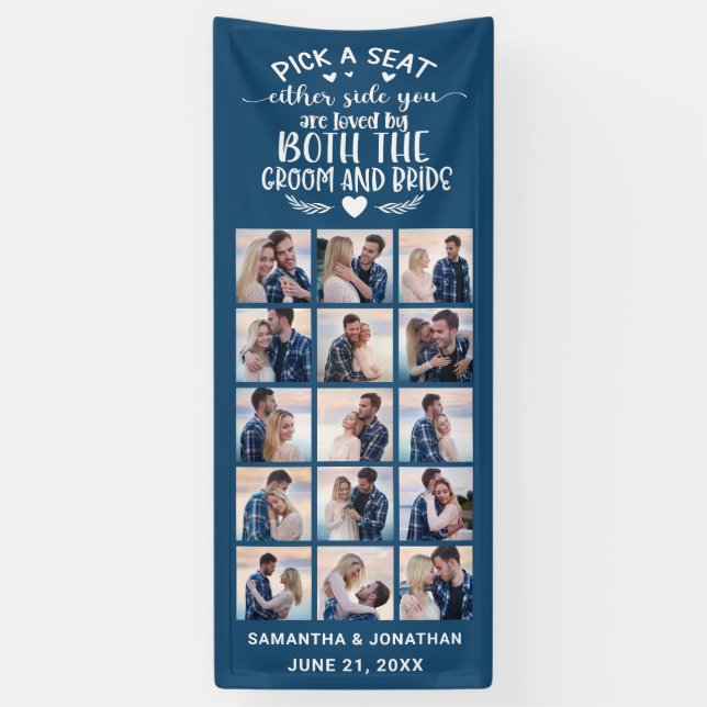15 Photo Collage Blue/White Welcome To Our Wedding Banner (Vertical)