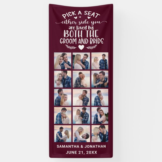 15 Photo Collage Burgundy Welcome To Our Wedding Banner (Vertical)