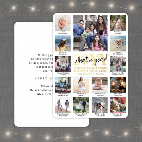 15 Photo Collage  Captions White What a Year Foil Holiday Card