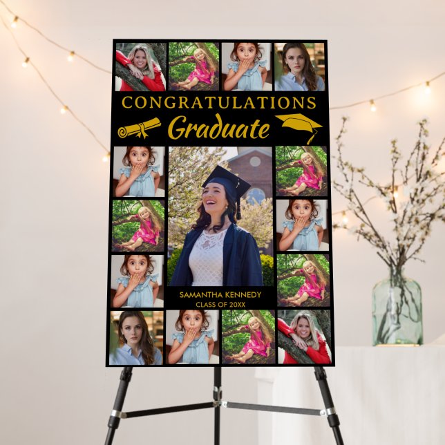15 Photo Collage Congrats Graduate Black And Gold Foam Board (In Situ (Stand))