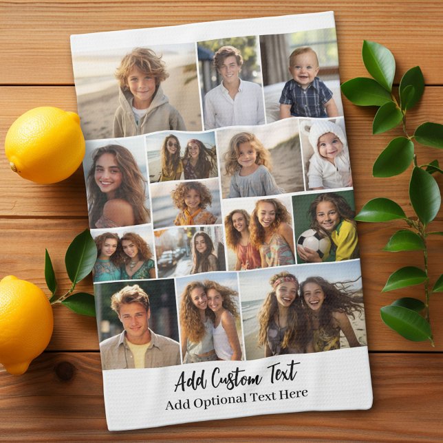 15 Photo Collage - Custom Text - Black and White Kitchen Towel (Custom Kitchen Towel with Photo Collage)