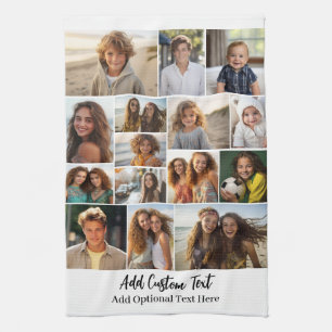 15 Photo Collage - Custom Text - Black and White Kitchen Towel