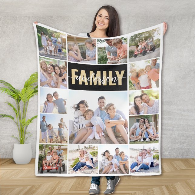 15 Photo Collage Family Name Monogram Fleece Blanket (Creator Uploaded)