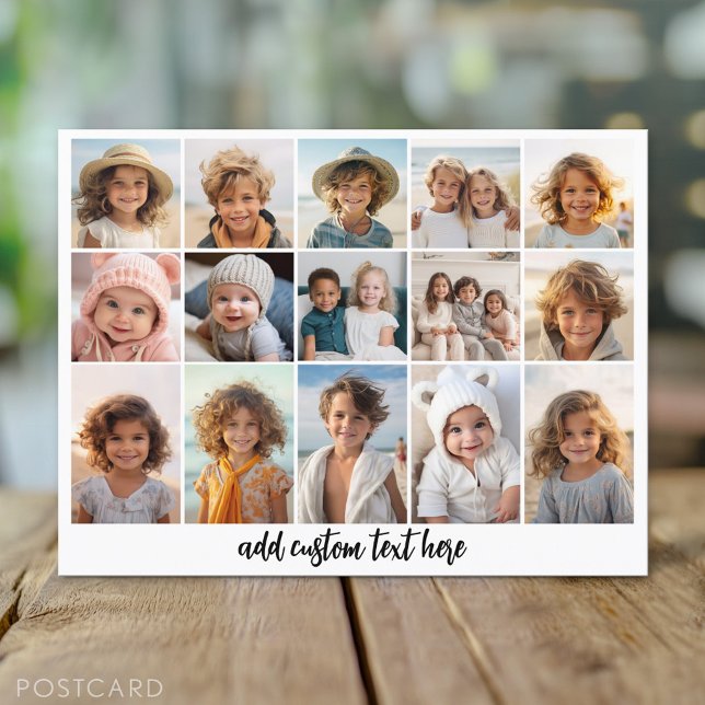 15 Photo Collage Grid - Script Text - black white Postcard (Custom Personalized Photo Collage Postcard)