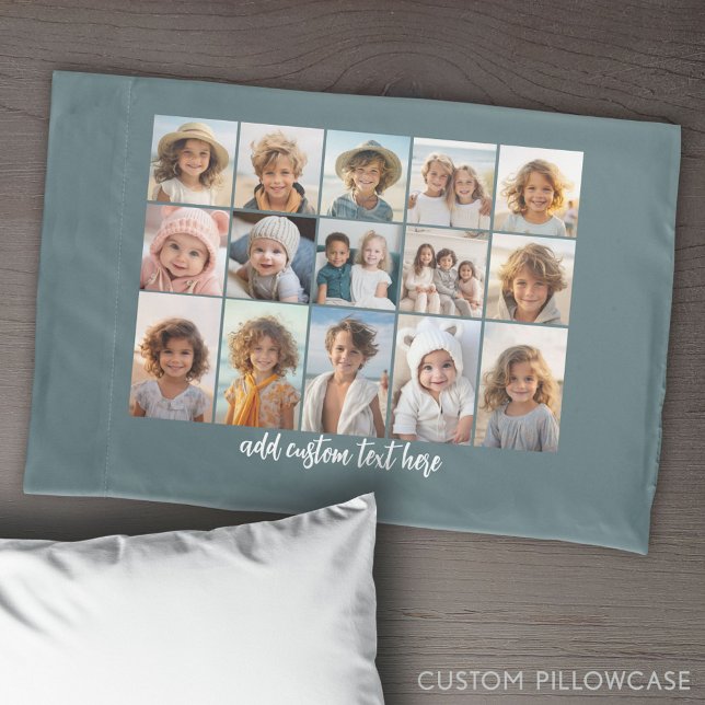 15 Photo Collage Grid - Script Text - blue Pillow Case (Create Your Own Photo Collage Pillowcase)