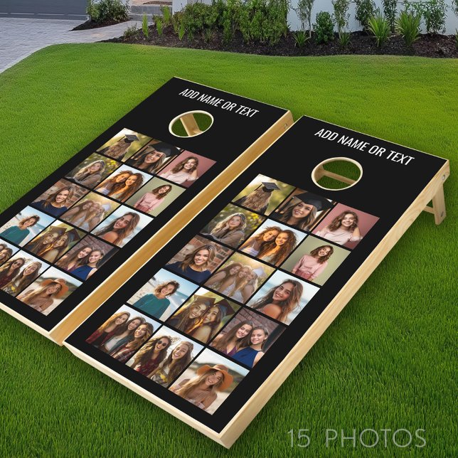 15 Photo Collage - Modern Minimal Black White Cornhole Set (Custom Cornhole with Photo Collage)