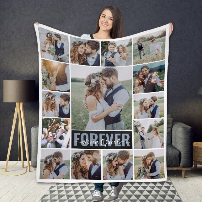 15 Photo Collage Monogram Name Fleece Blanket (Creator Uploaded)