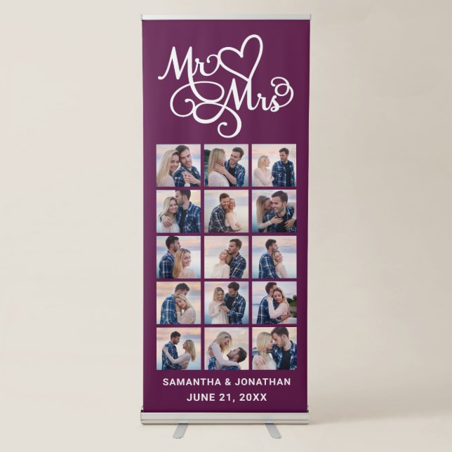 15 Photo Collage Plum Mr. & Mrs. Wedding Reception Retractable Banner (Front)