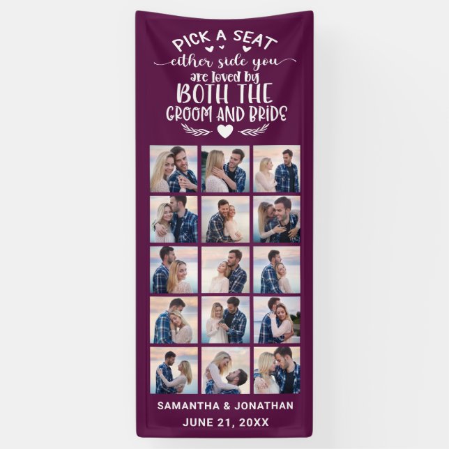 15 Photo Collage Plum/White Welcome To Our Wedding Banner (Vertical)