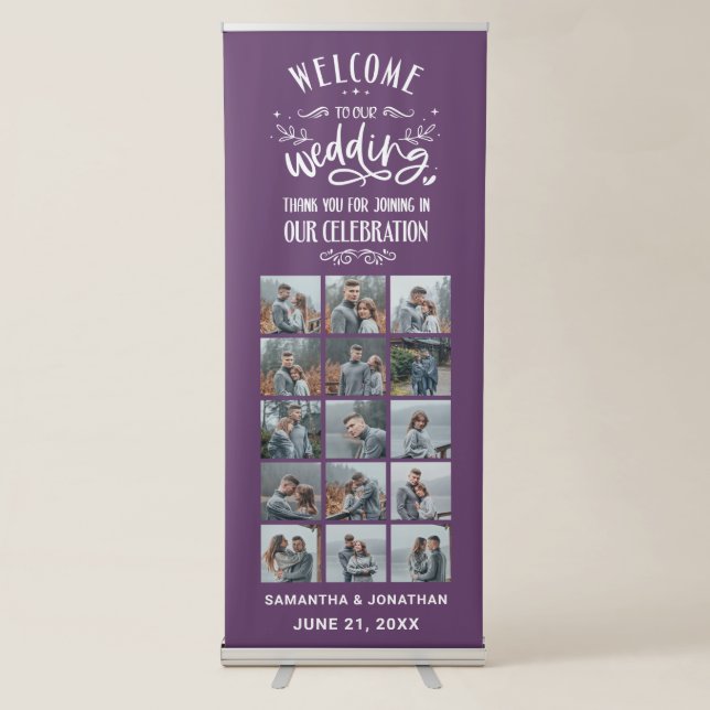 15 Photo Collage Purple Welcome To Our Wedding Retractable Banner (Front)