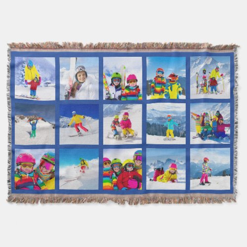 15 Photo Grid Collage Dark Blue Throw Blanket