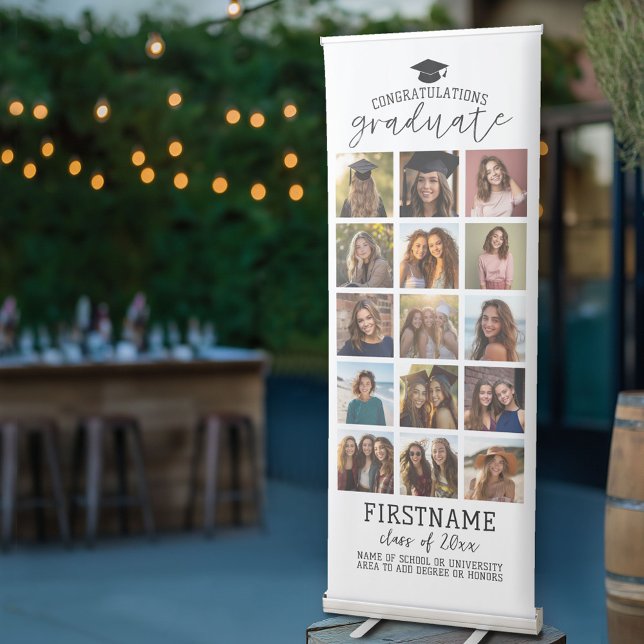 15 Photos - Graduation Modern Minimal White Retractable Banner (Custom Graduation Banner Stand - Photo Collage with Modern Black and White Design)