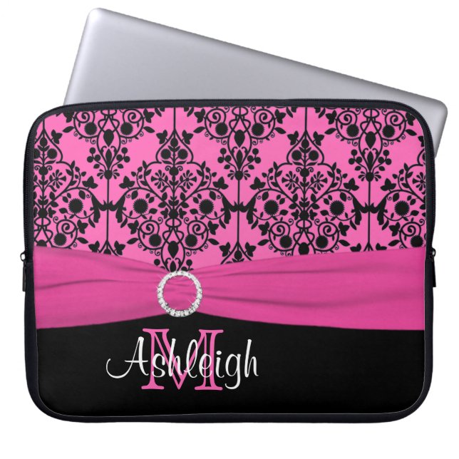 15" Pink Black White FAUX Ribbon Laptop Sleeve (Front)