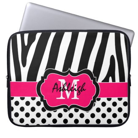 15" Pink Black Zebra Stripes Polka Dot Laptop Case