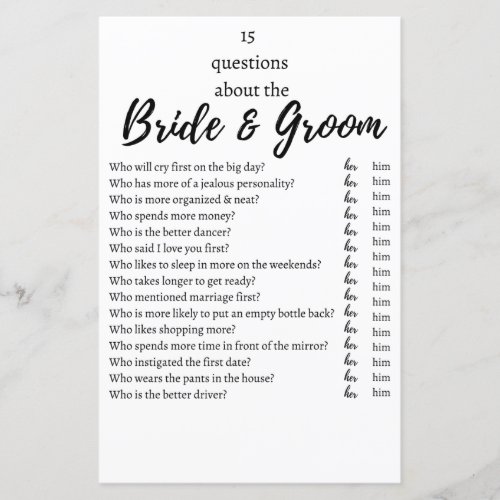 15 Questions About the Bride  Groom Wedding Game 