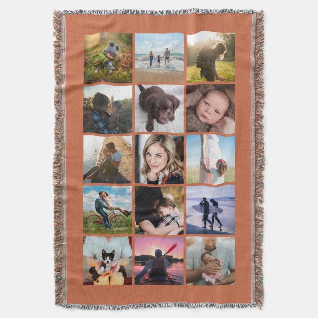 15 Square Photo Collage Keepsake Terracotta Throw Blanket (Front Vertical)