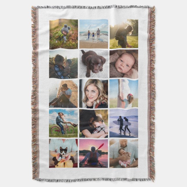 15 Square Photo Collage Keepsake White Throw Blanket (Front Vertical)