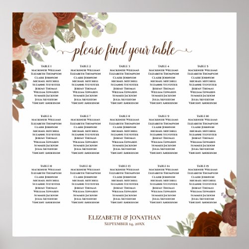 15 Table Autumn Rust Roses Wedding Seating Chart