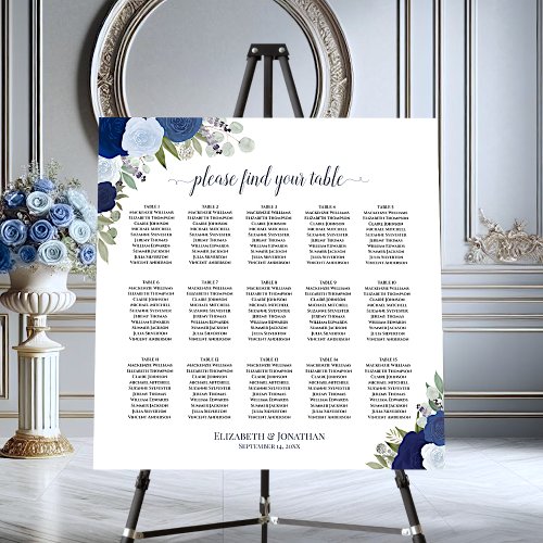 15 Table Blue Boho Floral Wedding Seating Chart Foam Board