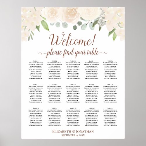 15 Table Blush Peach Roses Wedding Seating Chart