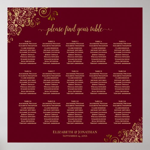 15 Table Burgundy  Gold Wedding Seating Chart