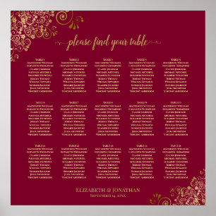 15 Table Burgundy & Gold Wedding Seating Chart