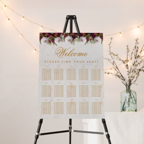 15 Table Burgundy Peonies Floral Seating Chart Foam Board