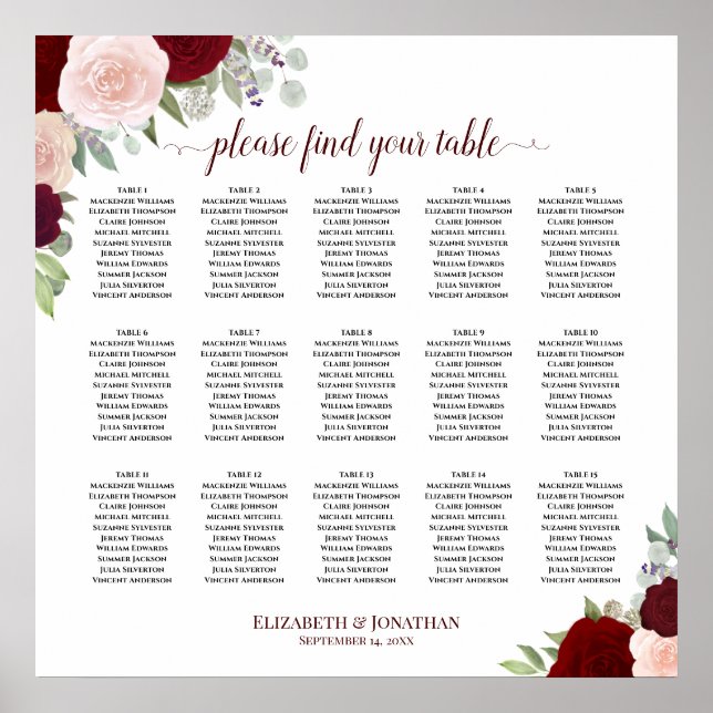 15 Table Burgundy Red & Pink Roses Seating Chart (Front)