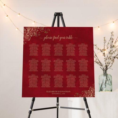 15 Table Crimson Red  Gold Wedding Seating Chart Foam Board