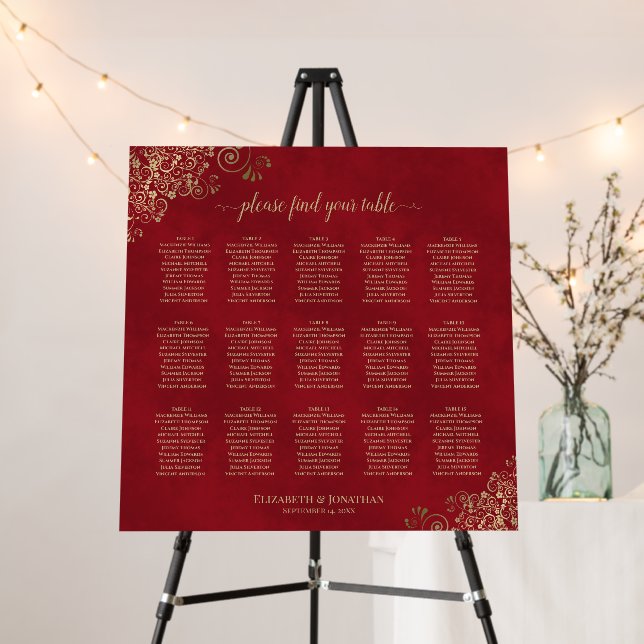 15 Table Crimson Red & Gold Wedding Seating Chart Foam Board (In Situ (Stand))