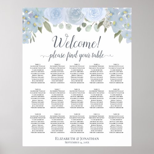 15 Table Dusty Blue Gray Roses Seating Chart