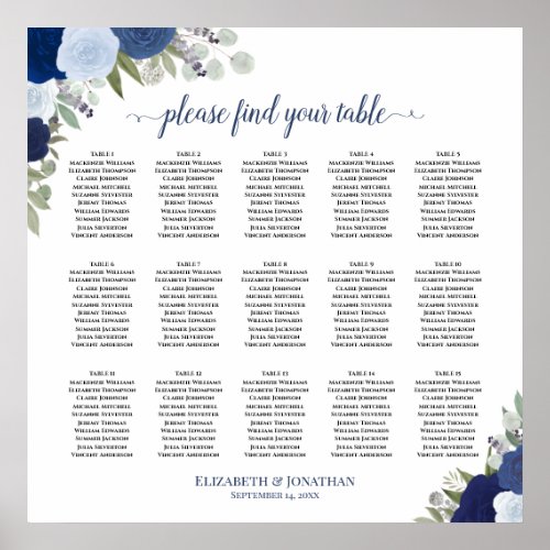 15 Table Elegant Blue Roses Wedding Seating Chart