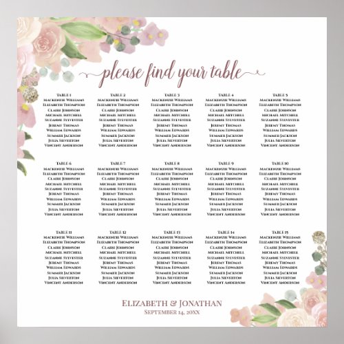 15 Table Elegant Pink Floral Wedding Seating Chart