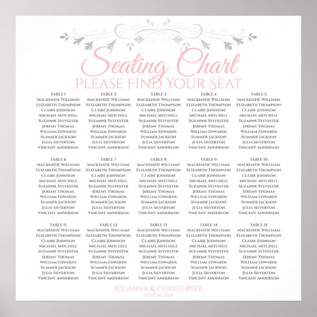 15 Table Elegant Pink & Gray Wedding Seating Chart (Front)