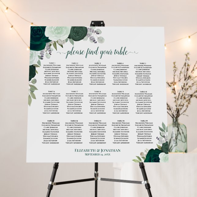 15 Table Emerald Boho Floral Wedding Seating Chart Foam Board (In Situ (Stand))