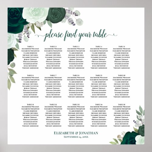 15 Table Emerald Roses Chic Wedding Seating Chart