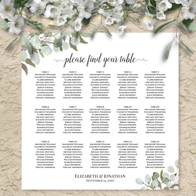 15 Table Eucalyptus Leaves Wedding Seating Chart | Zazzle