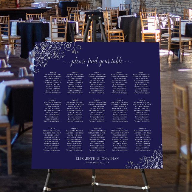 15 Table Fancy Silver & Navy Blue Seating Chart Foam Board (On Stand at Reception)