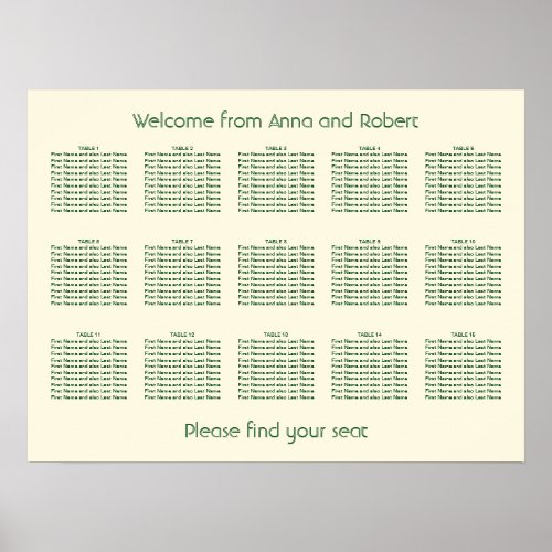 15 Table Ivory Cream Dark Green Seating Chart