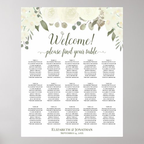 15 Table Ivory White Roses Wedding Seating Chart