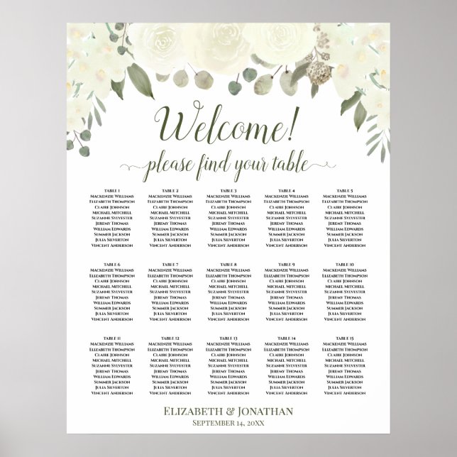 15 Table Ivory White Roses Wedding Seating Chart (Front)