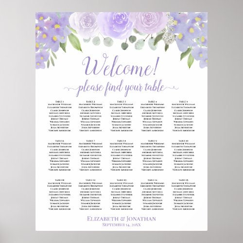 15 Table Lavender Roses Boho Wedding Seating Chart