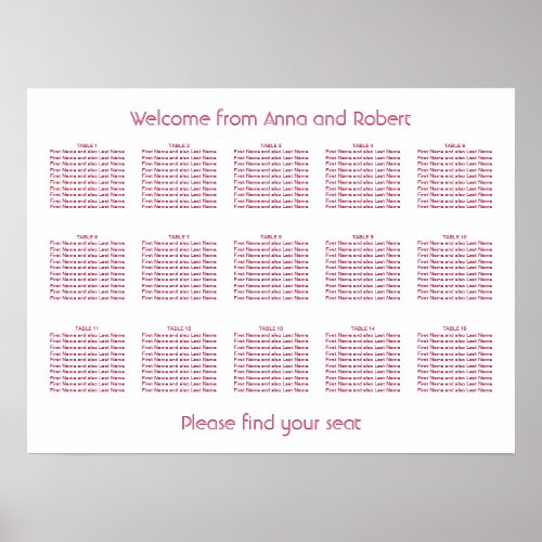 15 Table Minimalist Magenta Red Seating Chart