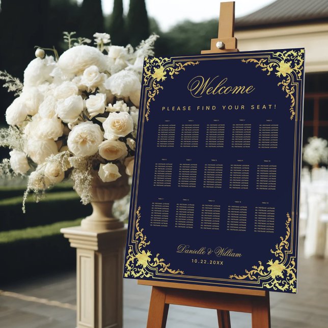 15 Table Navy Blue Faux Gold Wedding Seating Chart Foam Board (Creator Uploaded)