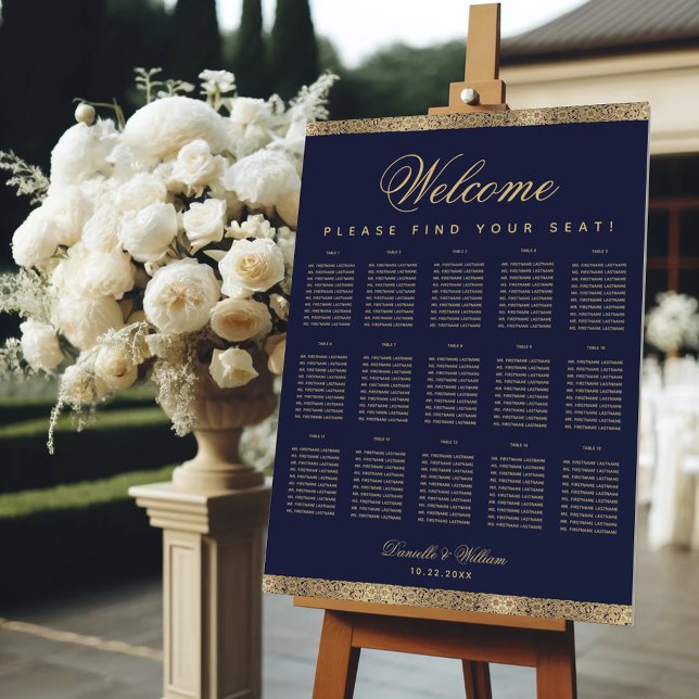 15 Table Navy Blue Gold Elegant Seating Chart Foam Board (Creator Uploaded)